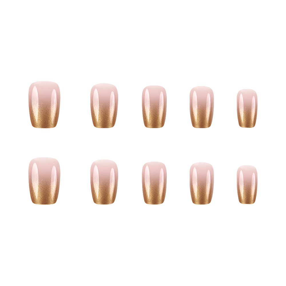 Cross-border hot girl dorado brillante gradiente de uñas escaleras cortas desnudas, uñas blanqueadoras 30 piezas de uñas falsas.