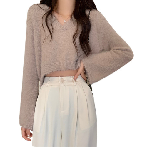 French-style atmosphere collar inner layer crew neck knitted sweater for women autumn and winter faux mink short sleeve sweater