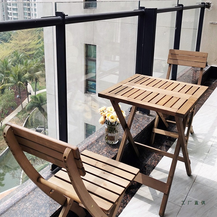 Outdoor Folding Table and Chair Set Solid Wood Leisure Balcony Table Small Apartment Small Coffee Table Square Table Double Dining Table Retro Style