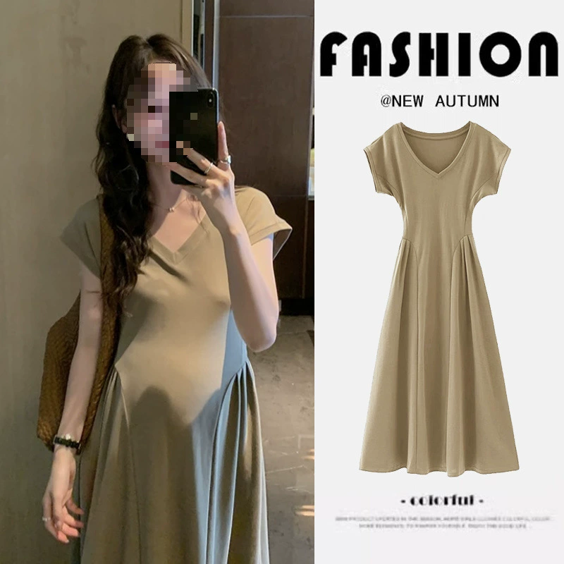 Summer dress for pregnant, thin mini-skirt, long skirt, with short sleeve, city style, V-neckline, loose fit