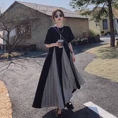 胖mm大码300斤赫本风法式连衣裙夏季拼接假两件遮肚宽松大摆裙女