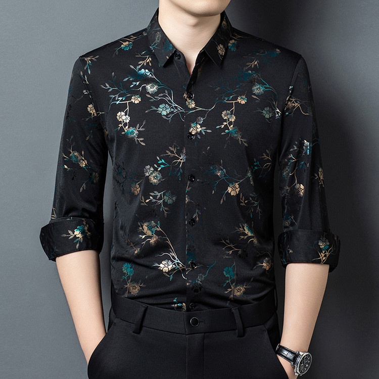 跨境外贸长袖花衬衣男士春秋季潮流休闲中老年爸爸装打底衫衬衫男