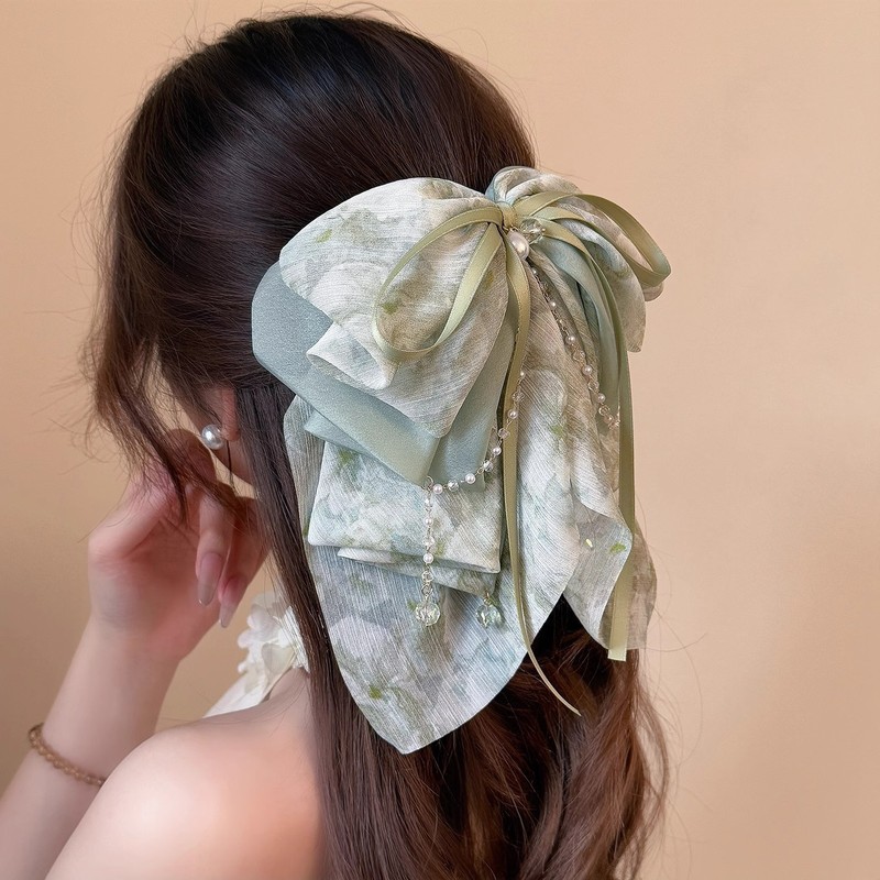 フレンチポルカドットレトロコントラストリボンリボンパールペンダント後頭部シャーククリップヘアピン女性用|undefined