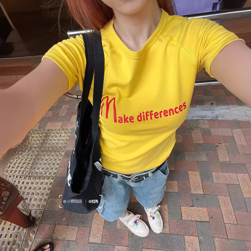 [Original Shoulder Line 40 95% Cotton + 5% Spandex Back Bag Collar] Slim Fit Slim Short Sleeve T-Shirt Women's Summer Short Pure