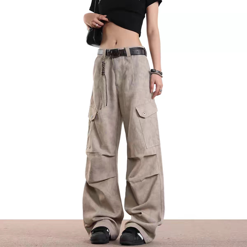 American Retro Marble Pattern Pocket Straight Wide-Leg Cargo Denim Parachute Pants Casual Loose Long Pants