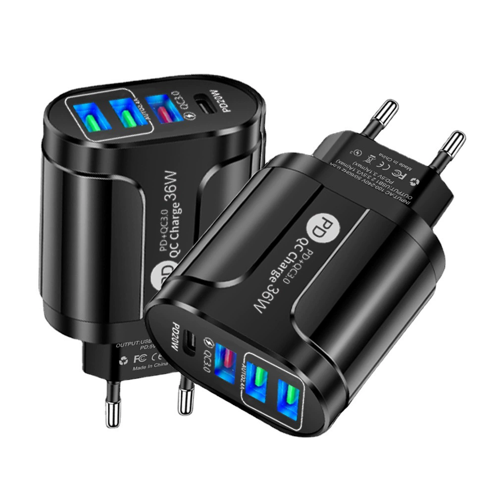 36W Многофункциональная зарядка для мобильного телефона с PD+QC3.0, 2.4A, Европа и США, быстрая зарядка, адаптер на 3 USB с USB-C PD входом