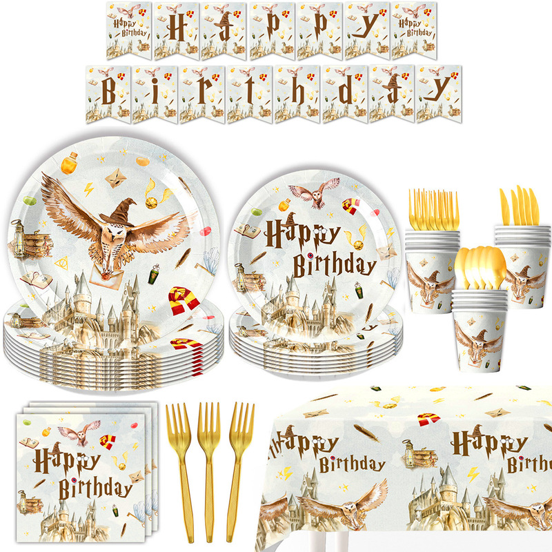 In-Stock White Harry Potter Party Disposable Tableware Paper Plates Paper Cups Napkins Holiday Decoration Flags Spiral