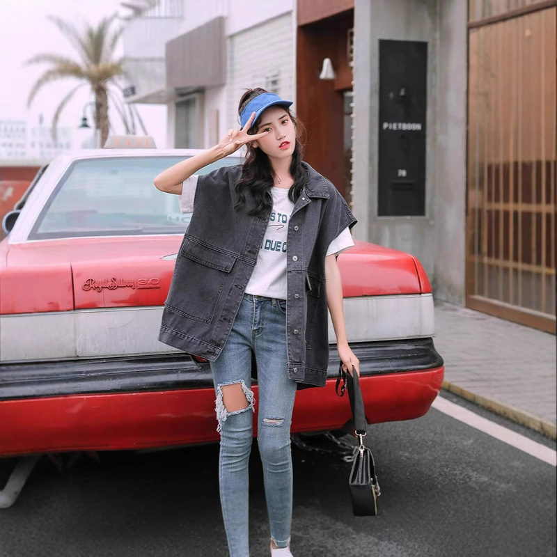 plus size Spring New Korean Style Loose Denim Vest Coat Women's Trendy Ins All-match Ware-shoulder Crock Jacket Top