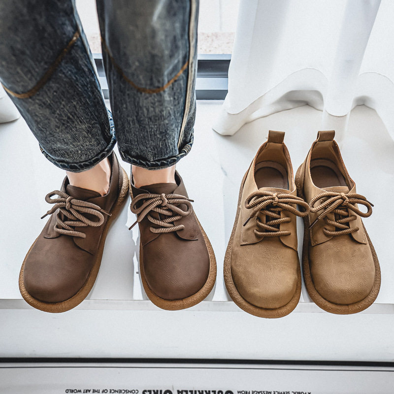 Giày da nam cổ thấp kiểu Martin phong cách retro, đế mềm chống thấm nước, form rộng cỡ lớn — Kaki, màu nâu, màu đen