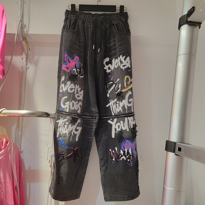 2026 Summer New Style Black Graffiti Print Jeans for Women, Knee Zipper Detachable Two-Way Wear Wide-Leg Workwear