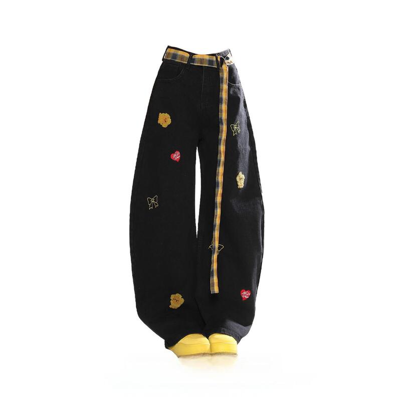 Plaid Belt Cartoon Embroidered Jeans Men's Straight Loose Scimitar Wide-Leg American High Street Pants Trendy Brand Handsome