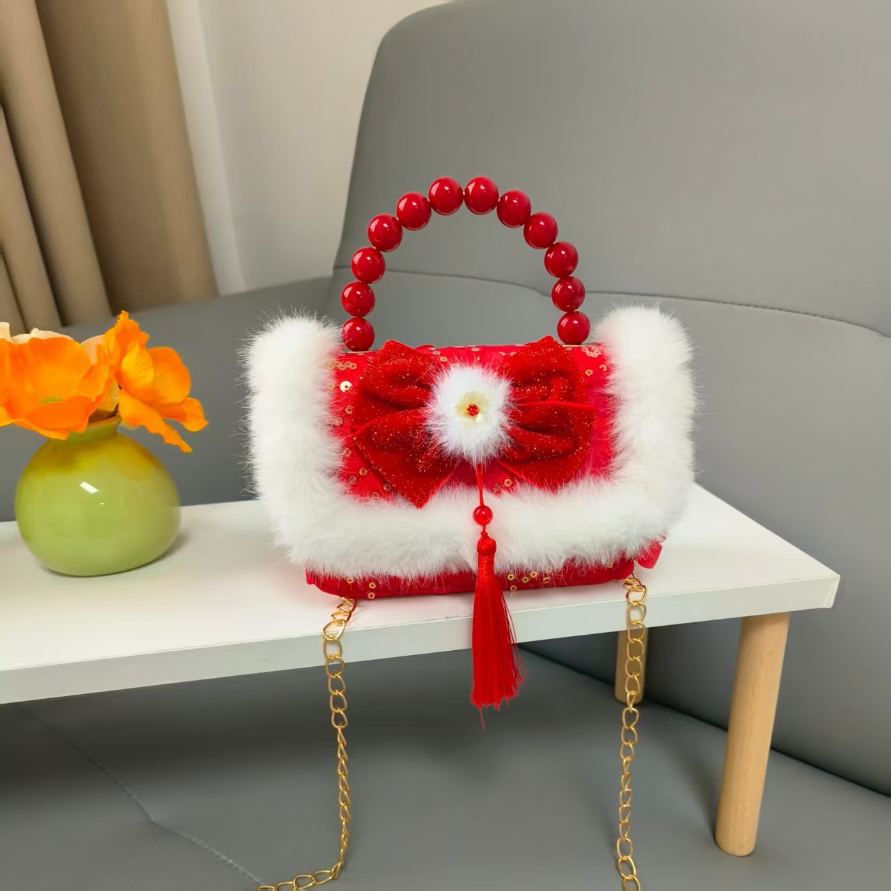 Bolso de la princesa portátil de perlas de Año Nuevo gran rojo para niños bolso de Año Nuevo bolso de chicas bolso de cadena pequeña bolsa de accesorios de viento fragante
