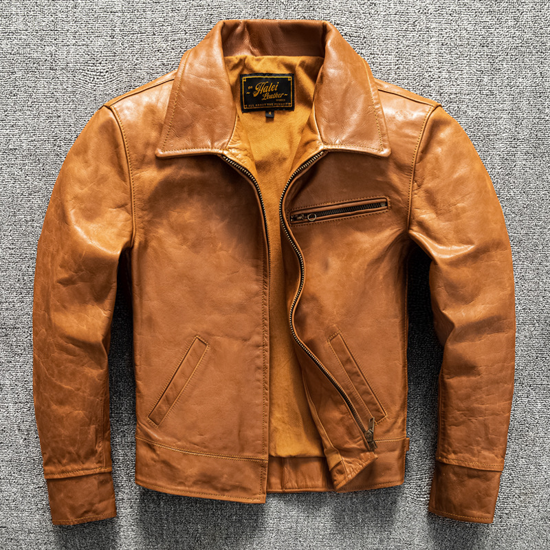 First layer cowhide leather coat men's God style Bangladesh vegetable tanned youth slim dovetail leather jacket trendy
