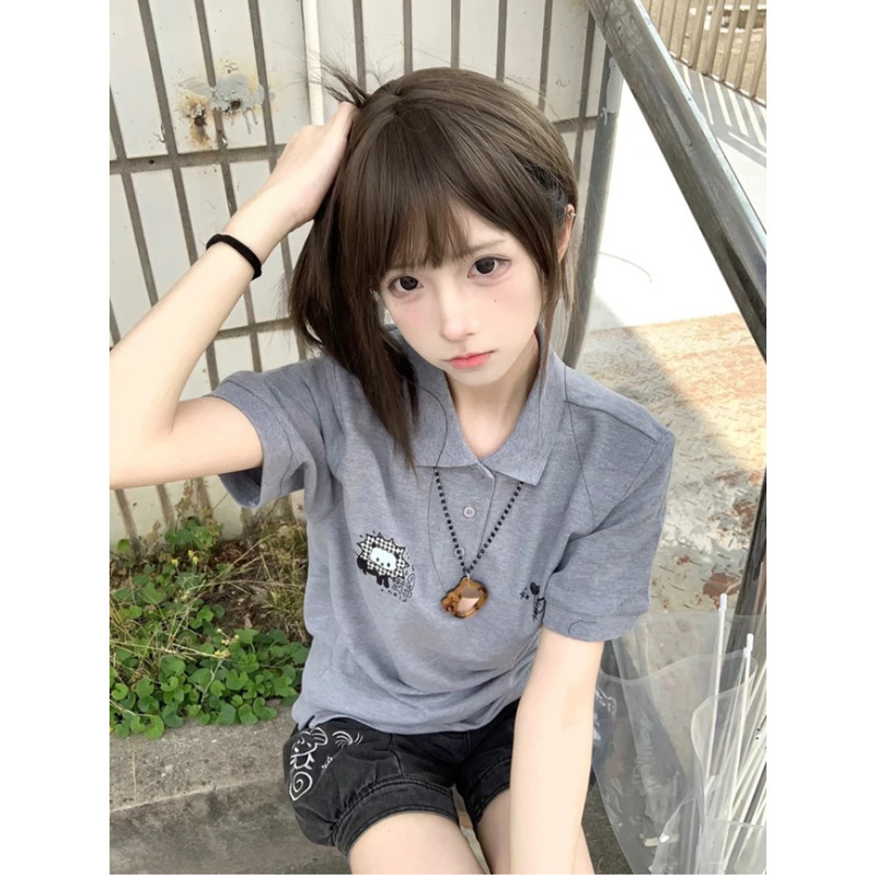 65/35 Full-Seam Cuff Stitching Vintage Cute Straight Shoulder Polo Shirt Short Sleeve T-Shirt for Women Summer American College Style