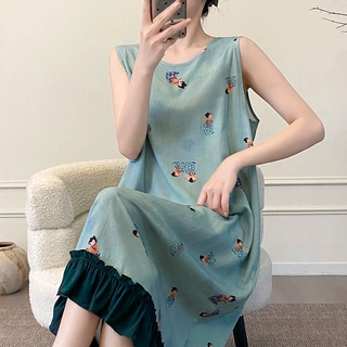 新中式国风无袖背心睡裙女夏季薄款棉绸宽松家居服连衣长裙可外穿