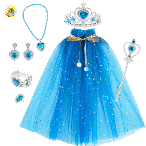 Vicky's Fairy Tale New Children's Girl Playing Queen's Cloak Scepter Crown Princess Bag Necklace Earrings Ring