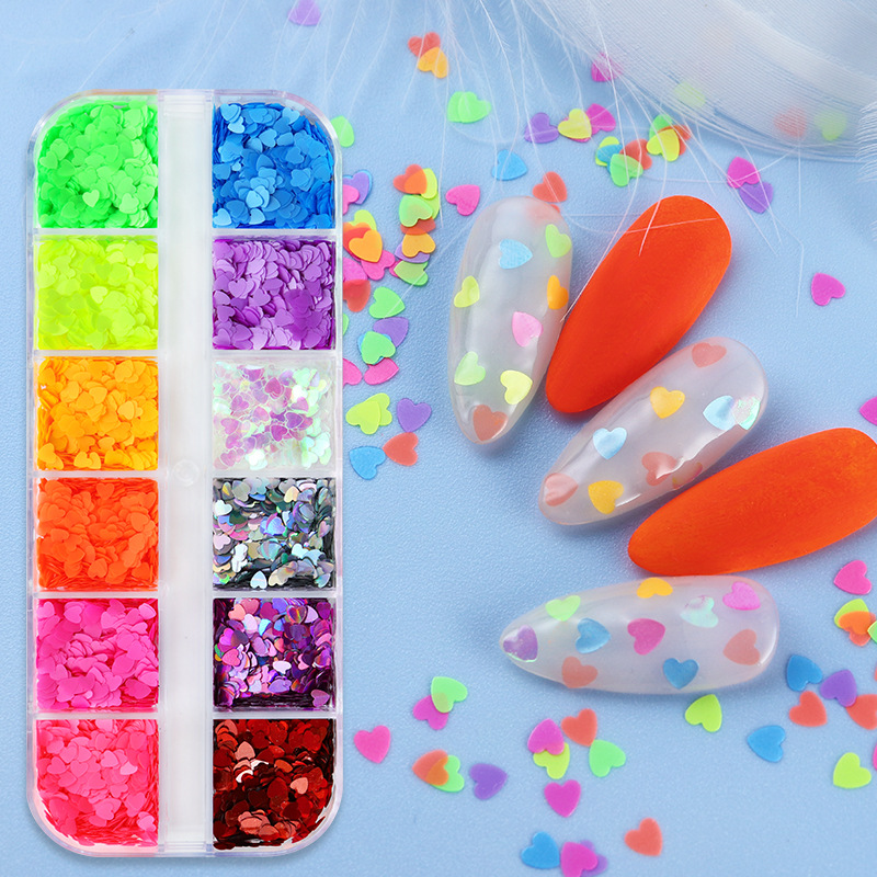 12-rejilla en caja de colores en forma especial lentejuelas mariposa amor flor estrella uñas DIY lentejuelas joyería al por mayor