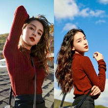 杨颖angelababy明星同款衣服女半高领毛衣服气质洋气针织衫酒红色