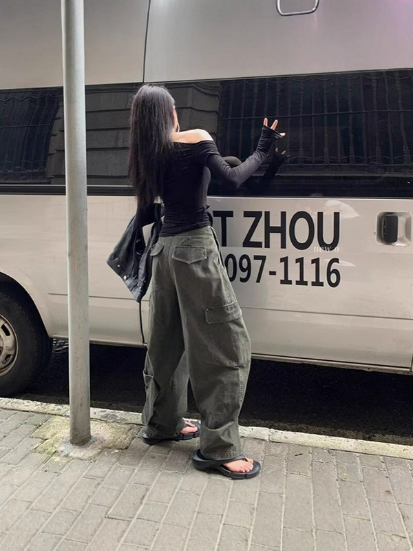 美式复古多口袋水洗宽松工装裤男女潮牌街头做旧抽绳百搭阔腿裤子|undefined