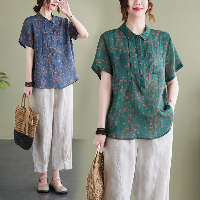 2025 Summer Slim Stand Collar Cotton and Linen Small Floral Shirt Short Sleeve Lapel Temperament Small Ramie Art Top