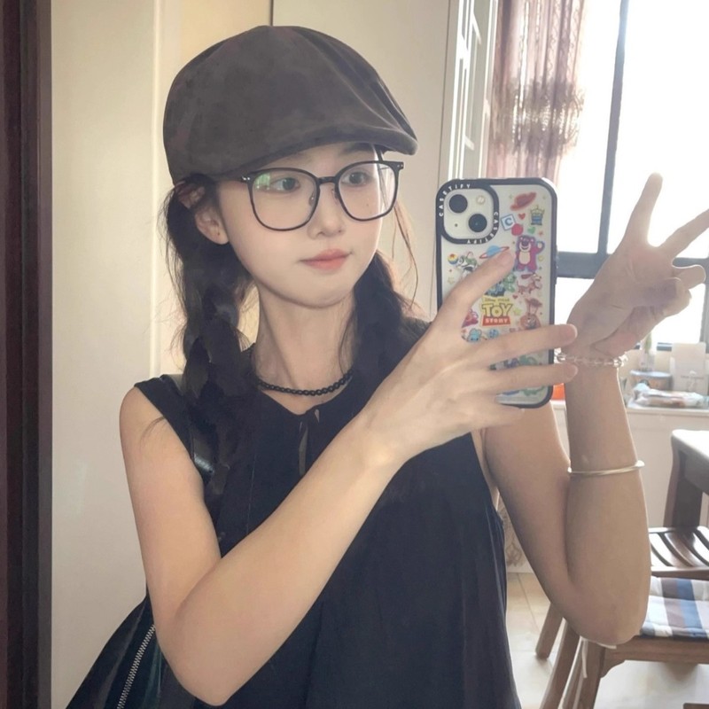 2025新款麂皮绒前进帽女英伦风复古大头围贝雷帽小众百搭画家帽子|undefined