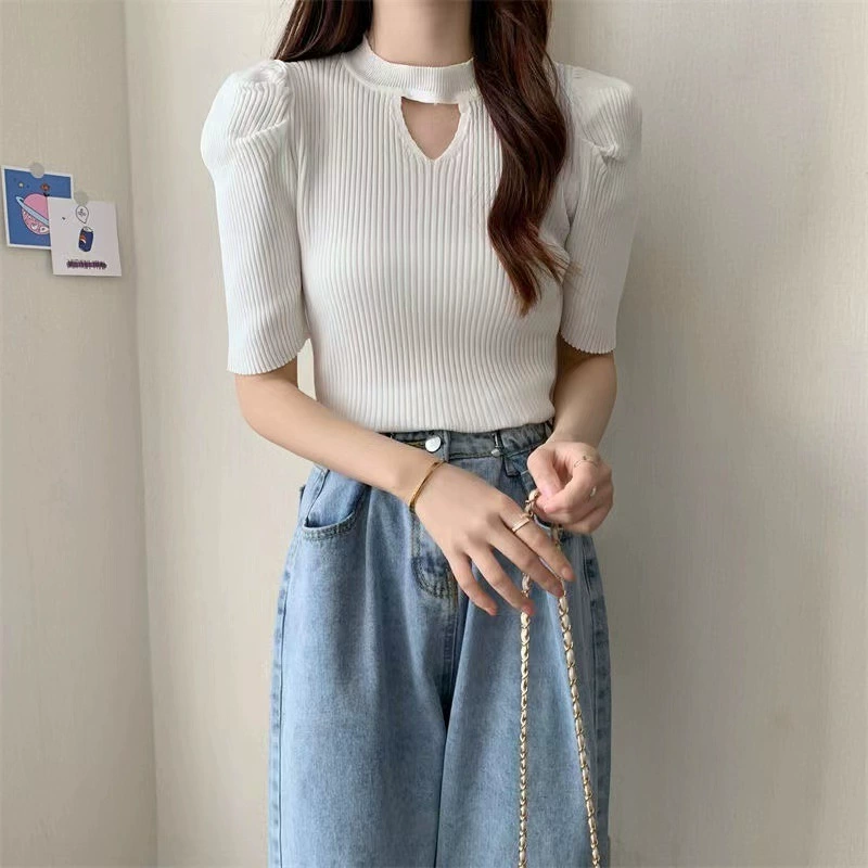 2025 новый летний стиль французский свитер с пышными рукавами, утягивающий топ с средними рукавами