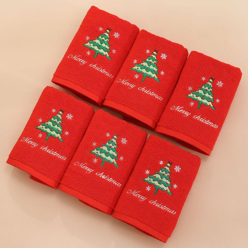 Cross-Border Wholesale Pure Cotton Embroidered Red Christmas Tree Gift Towel Gift Box Foreign Trade Comfortable and Soft Hand Towel