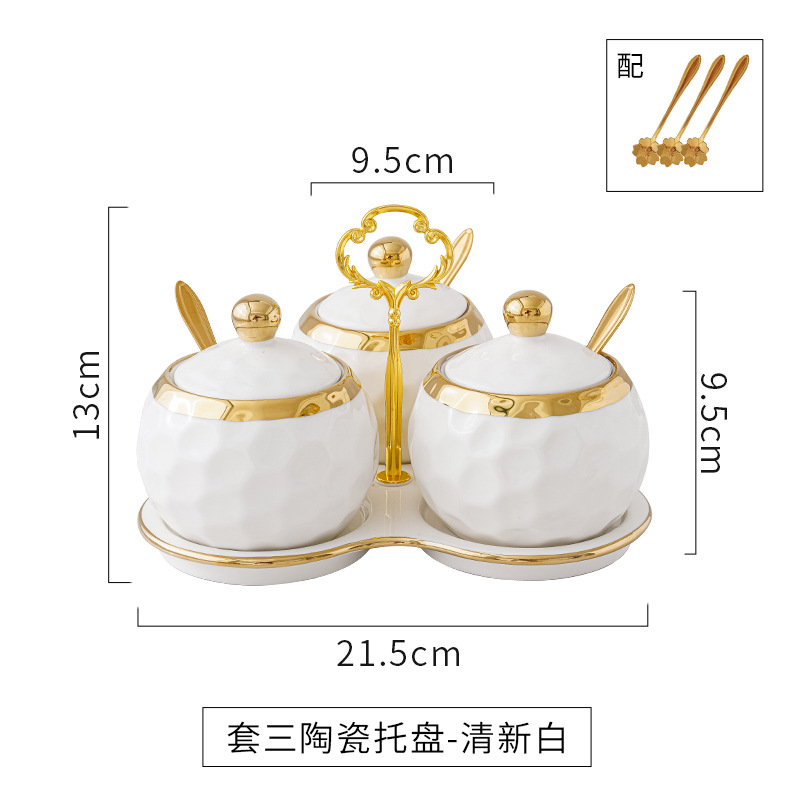 Luz de lujo borde plata tarro de condimento traje hogar botella de condimento de cerámica con tapa sal MSG Jar cocina combinación de almacenamiento