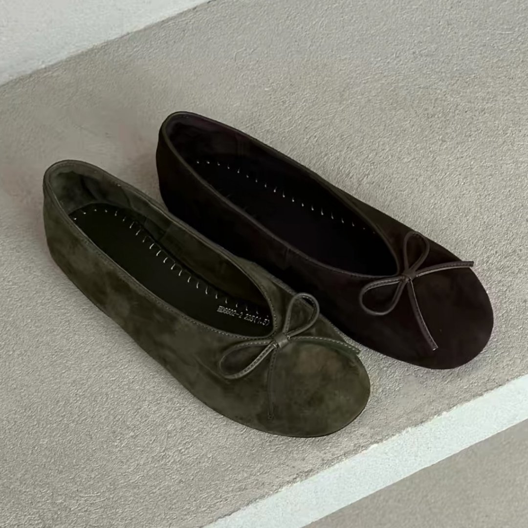 Sheepskin version ~ New vintage suede round-toe shallow bow ballet flats versatile flat Mary Jane shoes