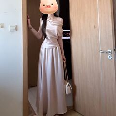 法式优雅高级感纯欲斜肩上衣高腰a字半身裙两件套女夏季绝美套装