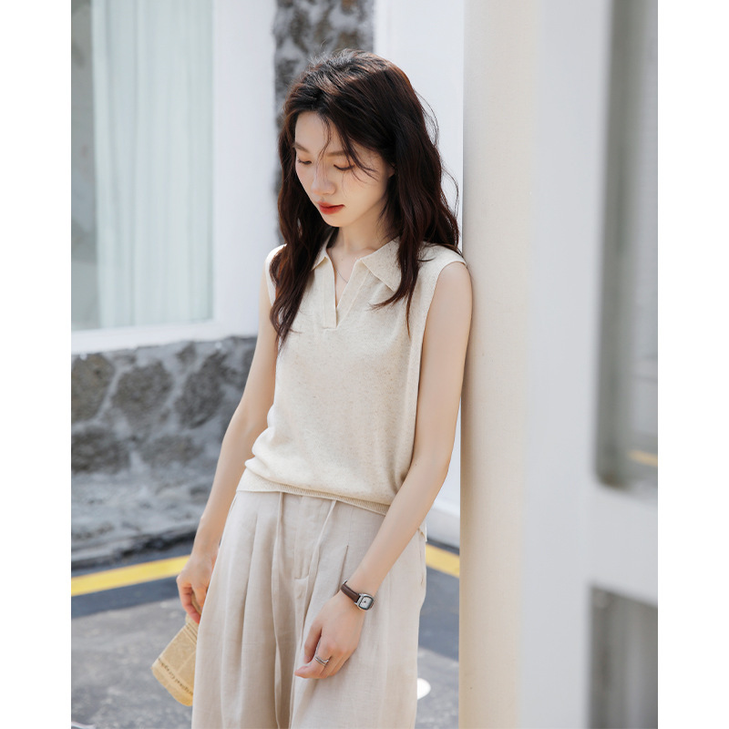 Polo Collar Tencel Linen Knit Top for Women 2026 New Summer Sleeveless Versatile Simple Design Embroidered Top