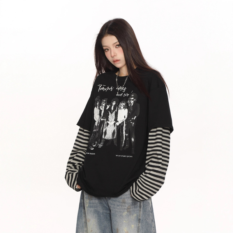 Biggold Rock Band Fake Two-Piece Stripesd Long-Sleeved T-Shirt Women's Spring & Fall Oversize Couple Bottoming Shirt Top Biggold Rock Band Fake Two-Piece Stripesd Long-Sleeved T-Shirt Women's Spring & Fall Oversize Couple Bottoming Shirt Top