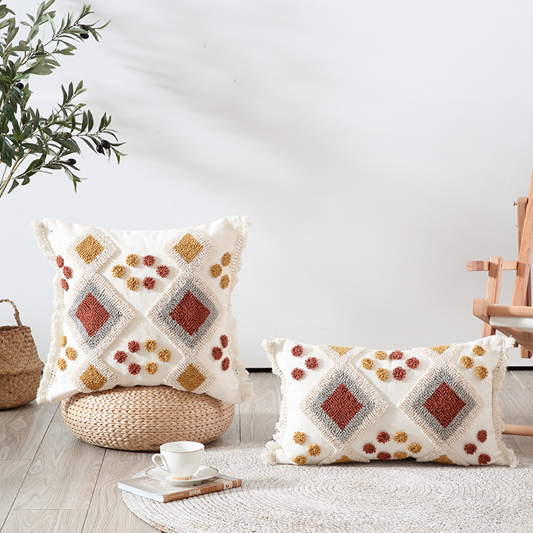Moroccan style color velvet embroidery pillow case tufted tassel cushion case model room waist pillowcase spot supply_voghion.com