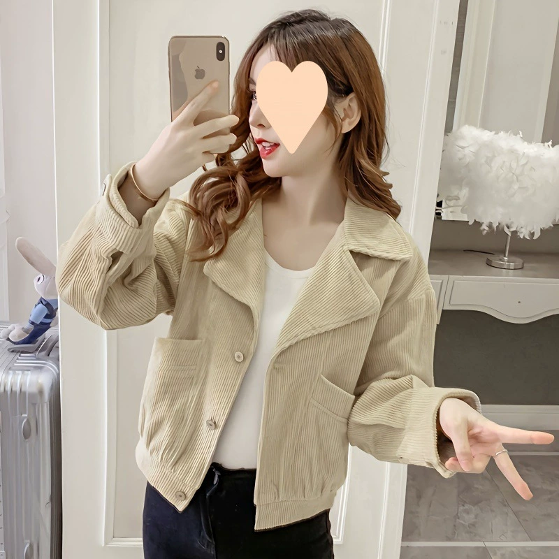 Женская вельветовая куртка осень 2025, новый стиль, молодежная, свободного кроя, с длинным рукавом, укороченный топ, модная