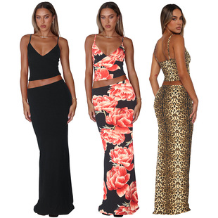 Cross-border European and American Women's Clothing 2025 Spring New Sexy Spice Girls Navel Sling Top Slim Fit Hip Skirt suit Women