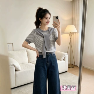 26年夏季新款设计感时尚圆领撞色条纹系带上衣拼接针织套头短袖