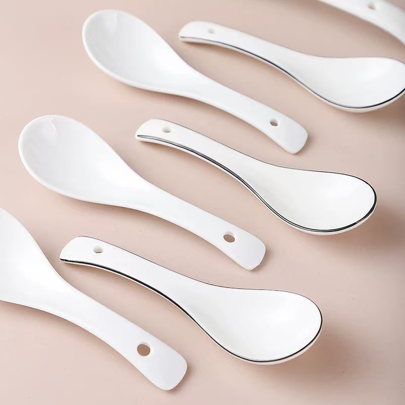 Simple línea negra cuchara de cerámica doméstica cuchara de comedor cuchara de mango largo sopa de restaurante cuchara de restaurante cuchara pequeña