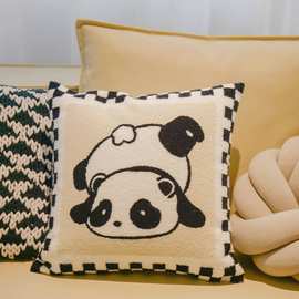 SI6K沙发靠枕客厅可爱熊猫丫丫周边简约黑白棋盘格靠垫套纯棉皮抱