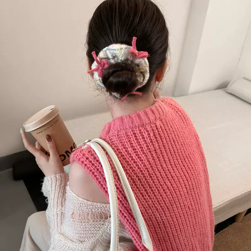 毛线粉色蝴蝶结毛绒发圈女森系仙美甜美可爱圈圈时尚百搭发饰批发