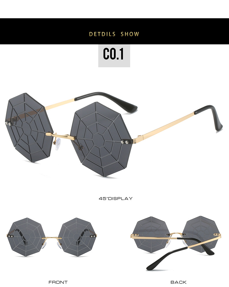 INS Style, Hip-Hop Style Grey, Gold Color INS Style Hip-Hop Spider Web PC UV400 Protection Polygon Frameless Men's Sunglasses