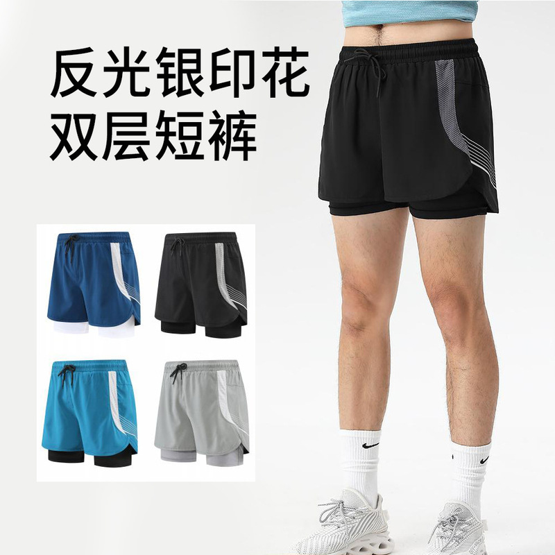 Reflective Silver Printing Professional Running Shorts Fake Two-Piece Fitness Pants Anti-Light Three-Piece Pants Phone Pocket Pants