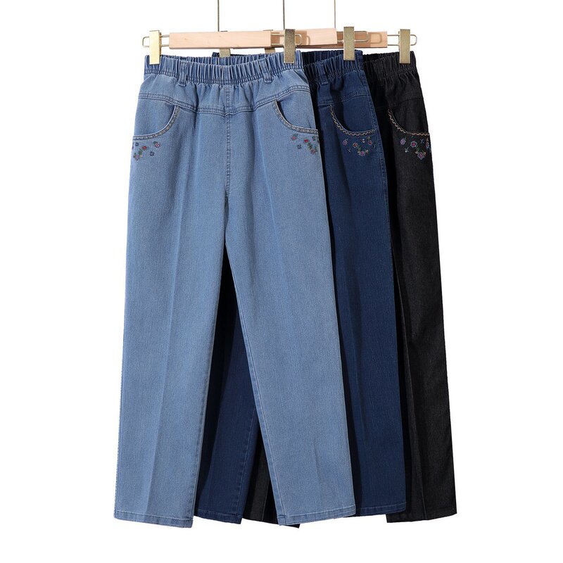 Middle-aged and elderly women's pants spring and autumn jeans old man's pants mother's pants high waist trousers old lady summer grandma straight tube
