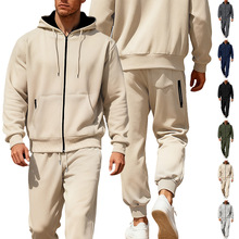 跨境欧美亚马逊秋冬男纯色加绒拉毛保暖拉链长袖连帽休闲运动套装