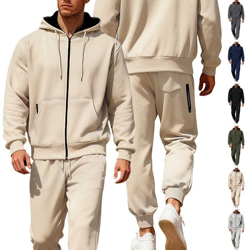 Transfronterizos Europa y América Amazon otoño y invierno masculino de color sólido con cremallera caliente con manga larga encapuchada juego deportivo casual