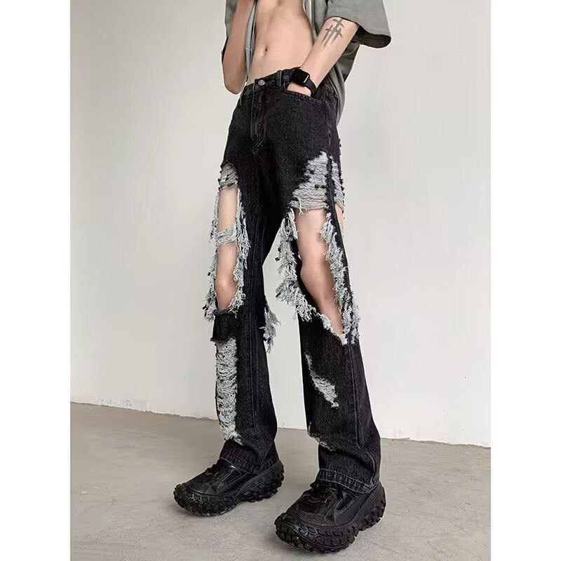 boy Beggar Super Ripped Jeans For Men Summer Thin Hip-Hop Trey Bra High Street Vibe European A American Long Pants_viptrois.com