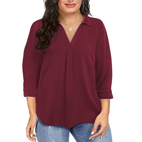 2025 Cross-border Amazon New European and American Style Chiffon Women's Pullover Plus-size Loose V-neck Three-quarter Sleeve Shirt Top
