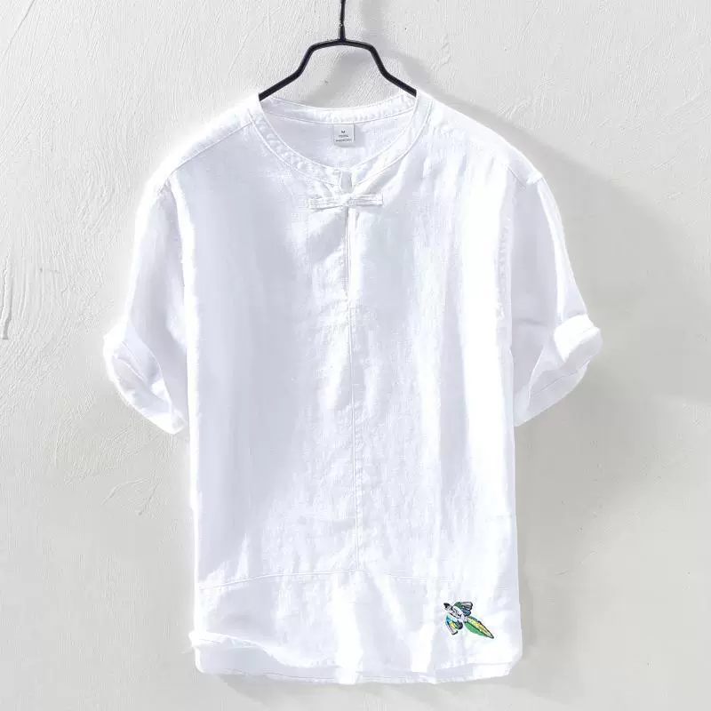 1830 летняя льняная простая короткая рубашка национального прилива, Мужская Повседневная дышащая рубашка с короткими рукавами и вышивкой поколения