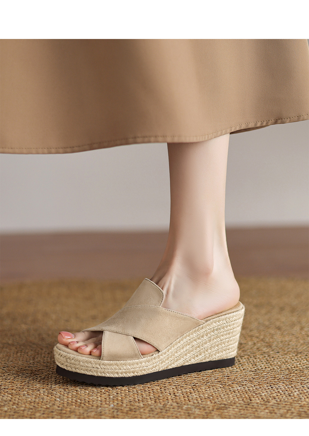 Dép sandal nữ quai ngang đế xuồng đan cói gót 7 cm — Màu đen chi tiết 5