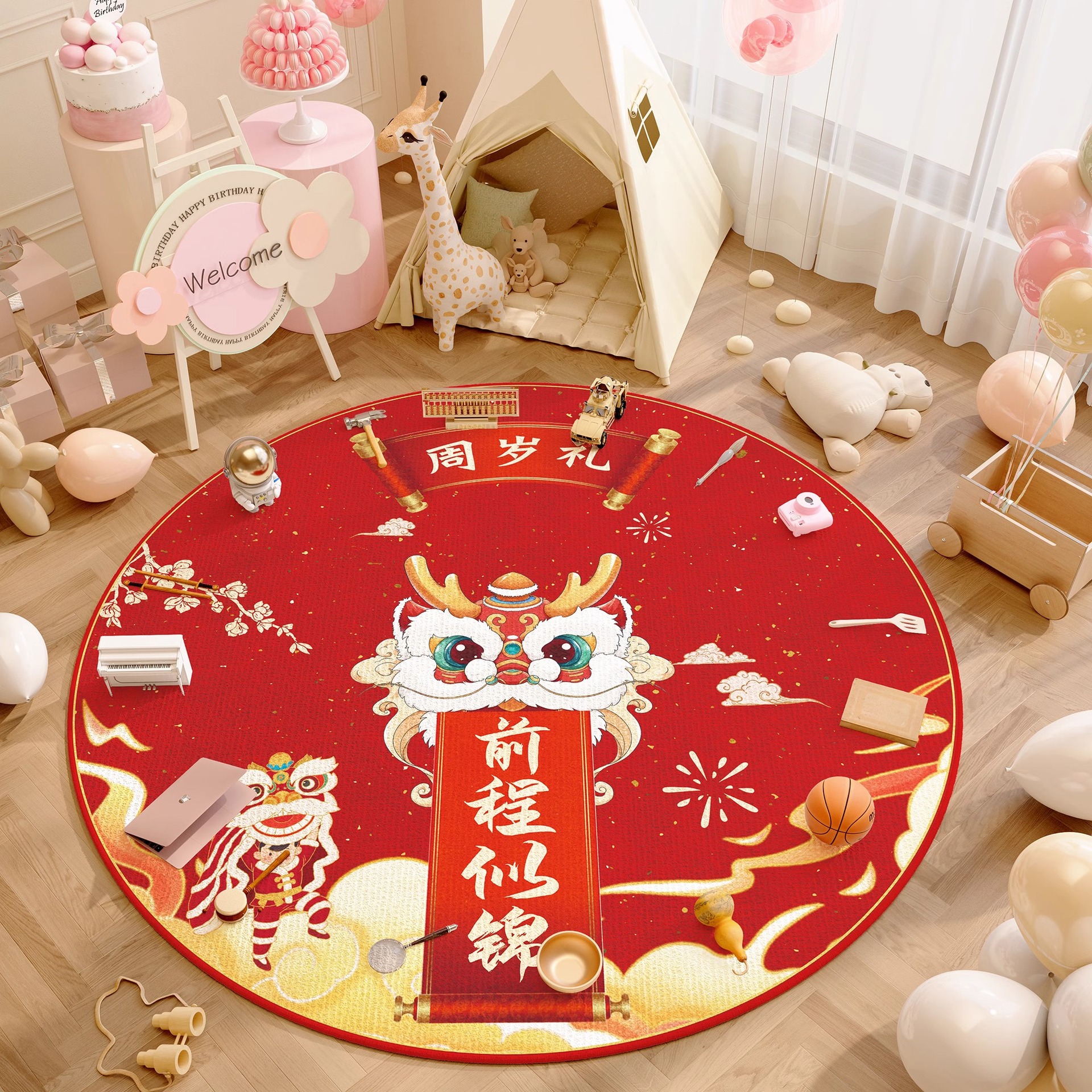 Casi alfombra de un año alfombra de cumpleaños props de diseño dragón bebé raspar la alfombra de la sala de estar para niños almohadilla redonda roja