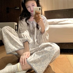 コーデュロイパジャマレディース秋冬韓国系レトロ小砕花シンプルで快適なレーススーツカジュアル長袖ホームウェア